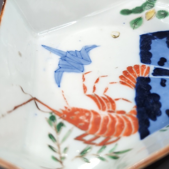 Antique Japanese Imari Porcelain Hexagonal Serving Bowl Dish Shrimp Crane Motif - Picture 13 of 14